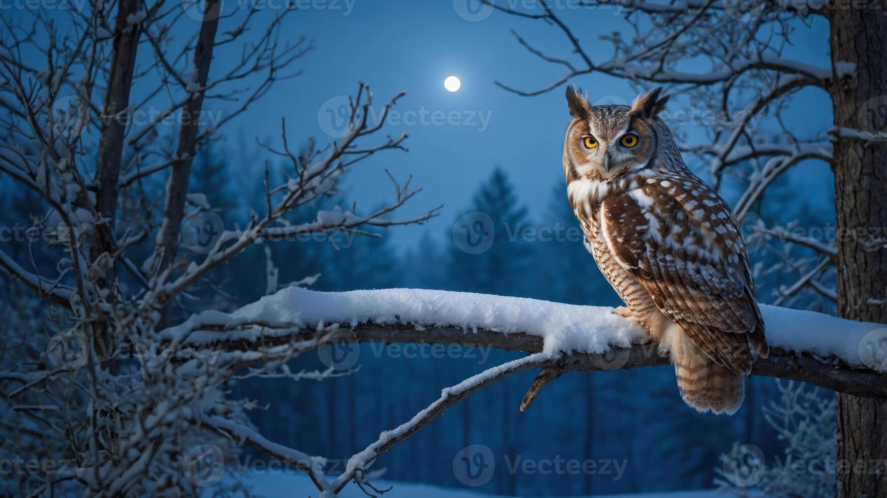 A majestic owl perched on a snow-covered branch under a full moon in a tranquil forest. photo