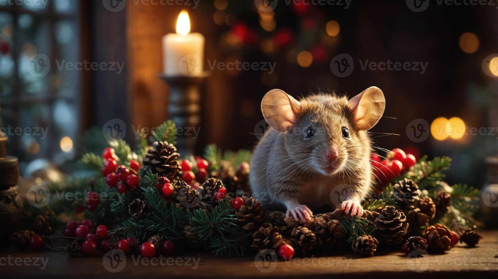 A festive mouse surrounded by pinecones and berries, illuminated by candlelight. photo