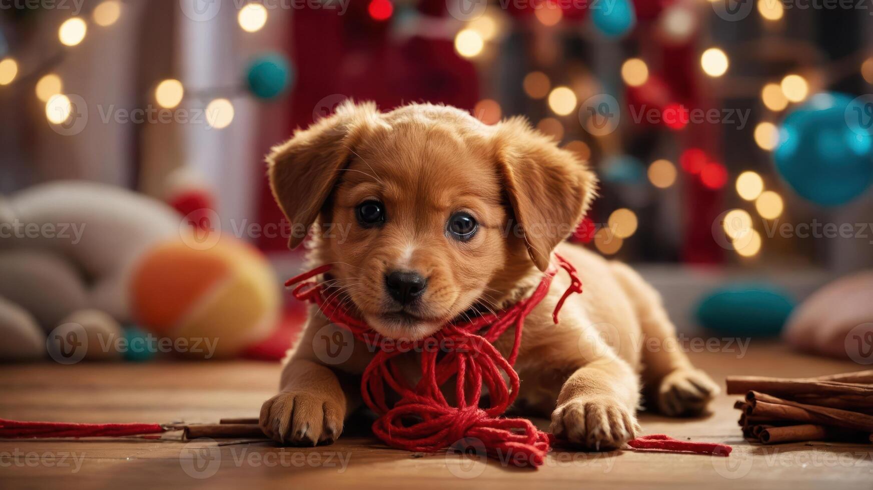 A playful puppy with red string, surrounded by colorful decorations and soft textures. photo