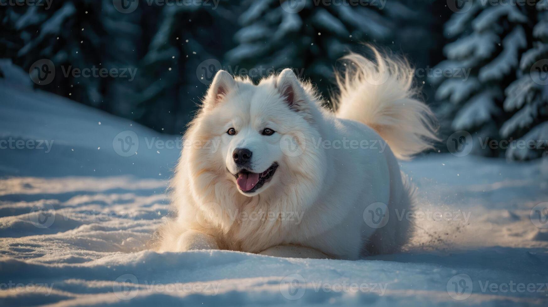 A joyful Samoyed dog running through a snowy landscape with trees in the background. photo
