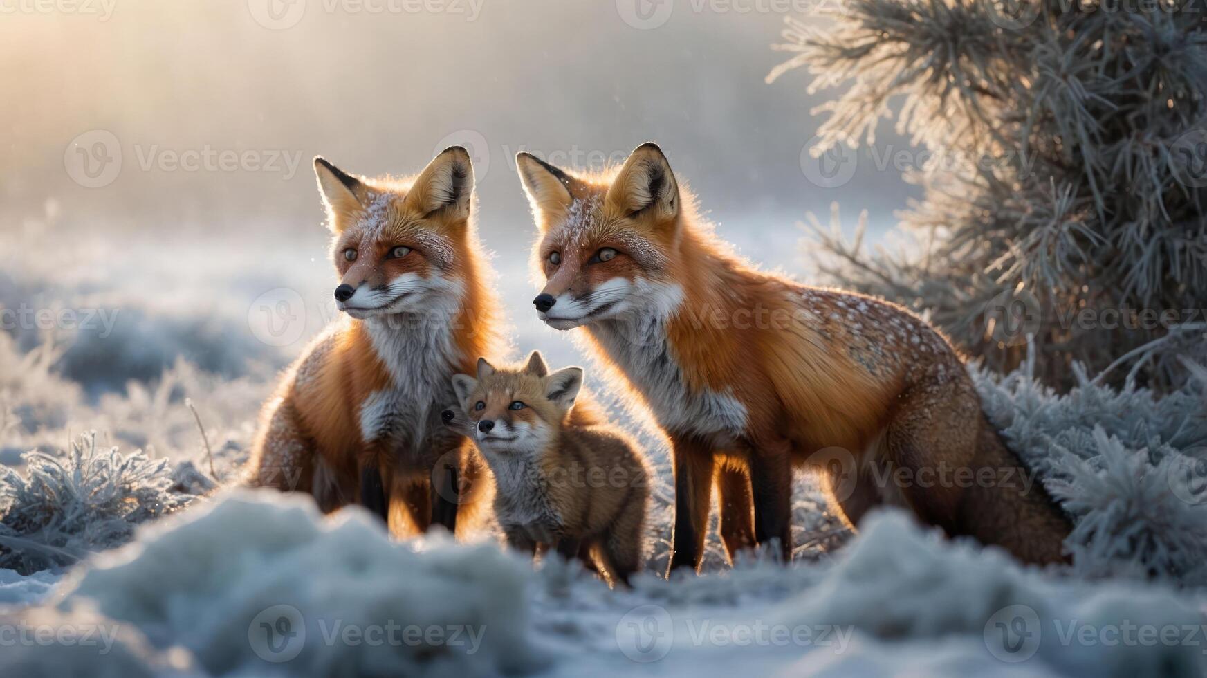 A family of foxes in a frosty landscape, showcasing nature's beauty and wildlife. photo