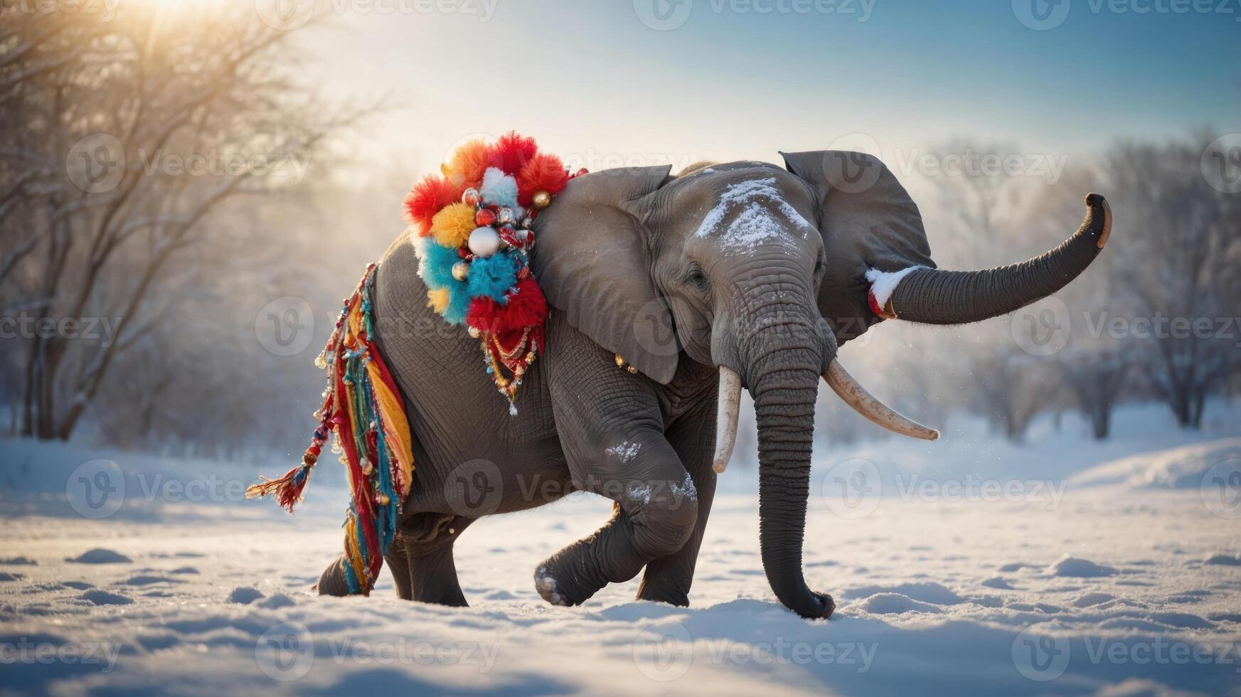 An elephant adorned with colorful decorations runs through a snowy landscape. photo