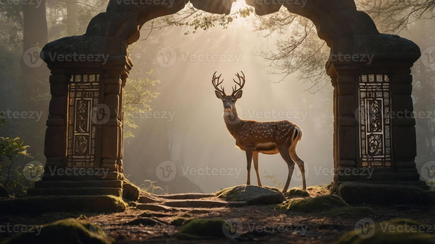 A deer stands majestically in a sunlit forest archway, surrounded by nature's beauty. photo