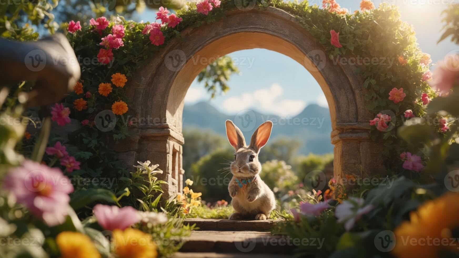 A cheerful rabbit sits in a flower-filled archway, surrounded by nature's beauty. photo