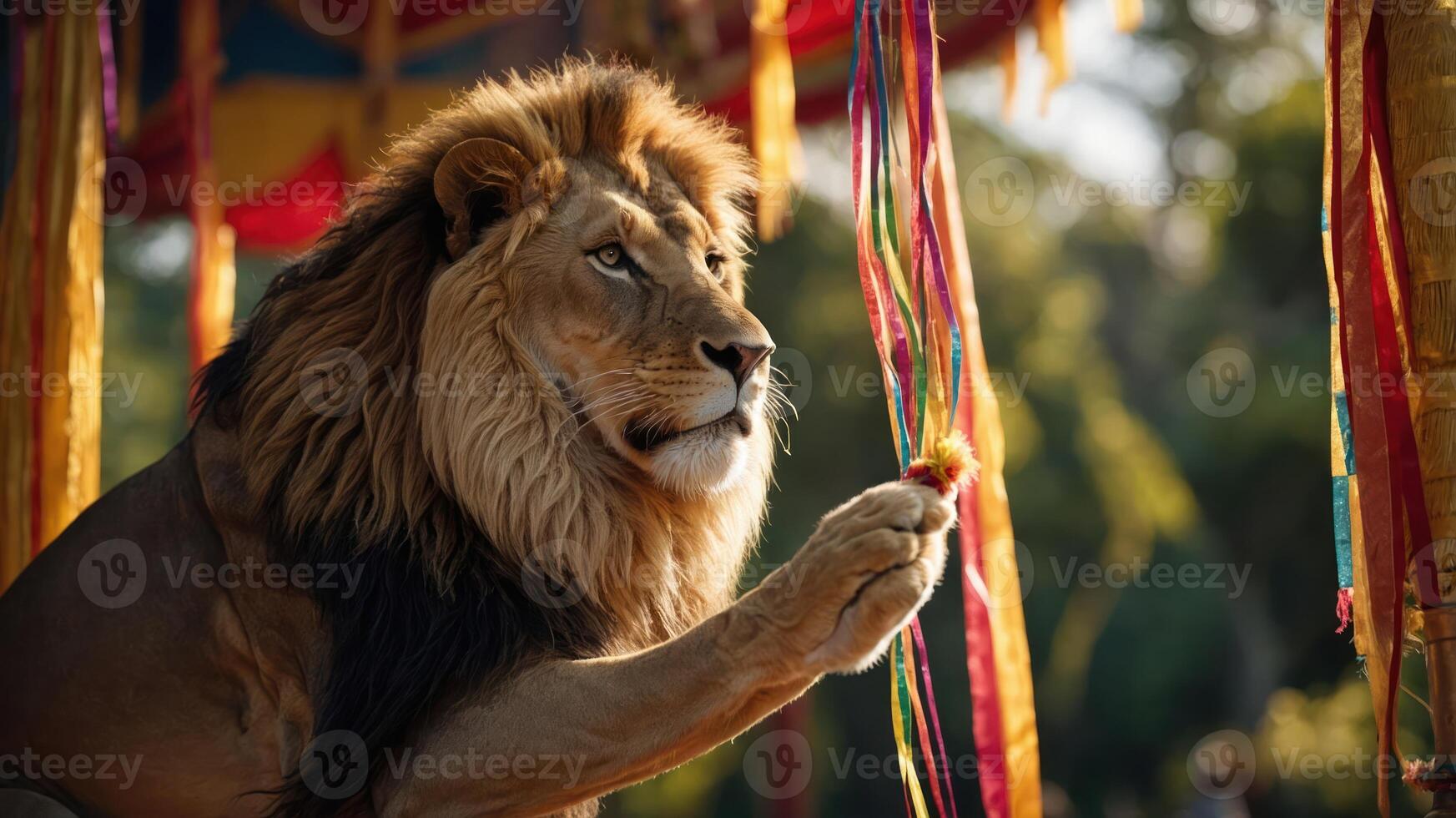 A majestic lion interacts with colorful ribbons in a vibrant outdoor setting. photo