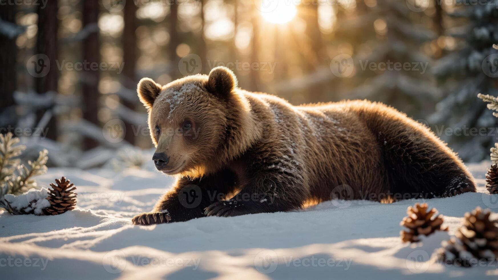 A brown bear in a snowy forest, illuminated by soft sunlight, surrounded by pine cones. photo