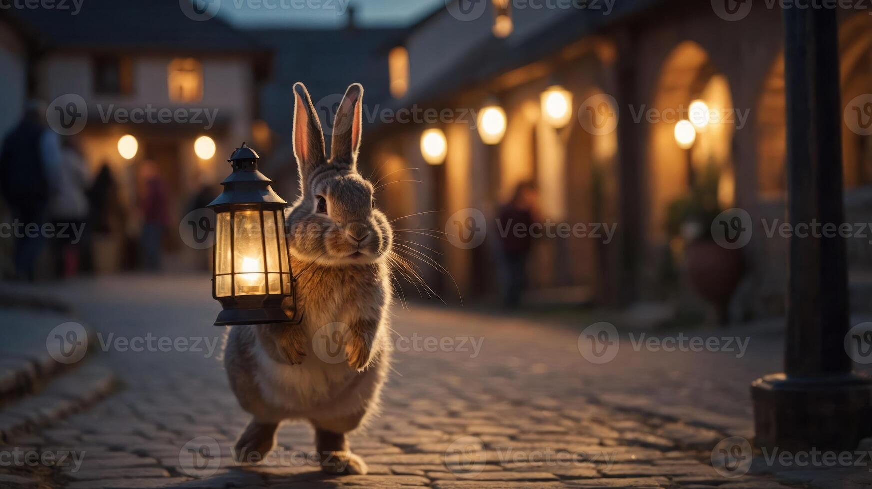 A whimsical rabbit carrying a lantern strolls through a quaint, dimly lit village at dusk. photo