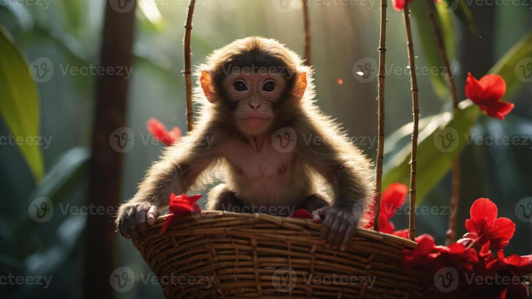A young monkey sits in a woven basket surrounded by flowers and sunlight in a lush environment. photo