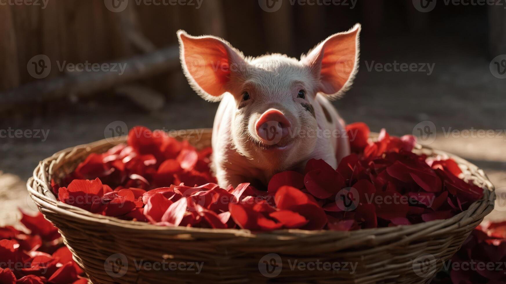 A cute piglet nestled in a basket filled with vibrant rose petals. photo
