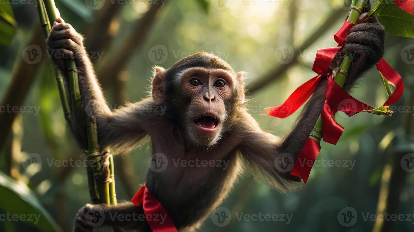 A playful monkey hangs on branches adorned with red ribbons in a lush forest environment. photo