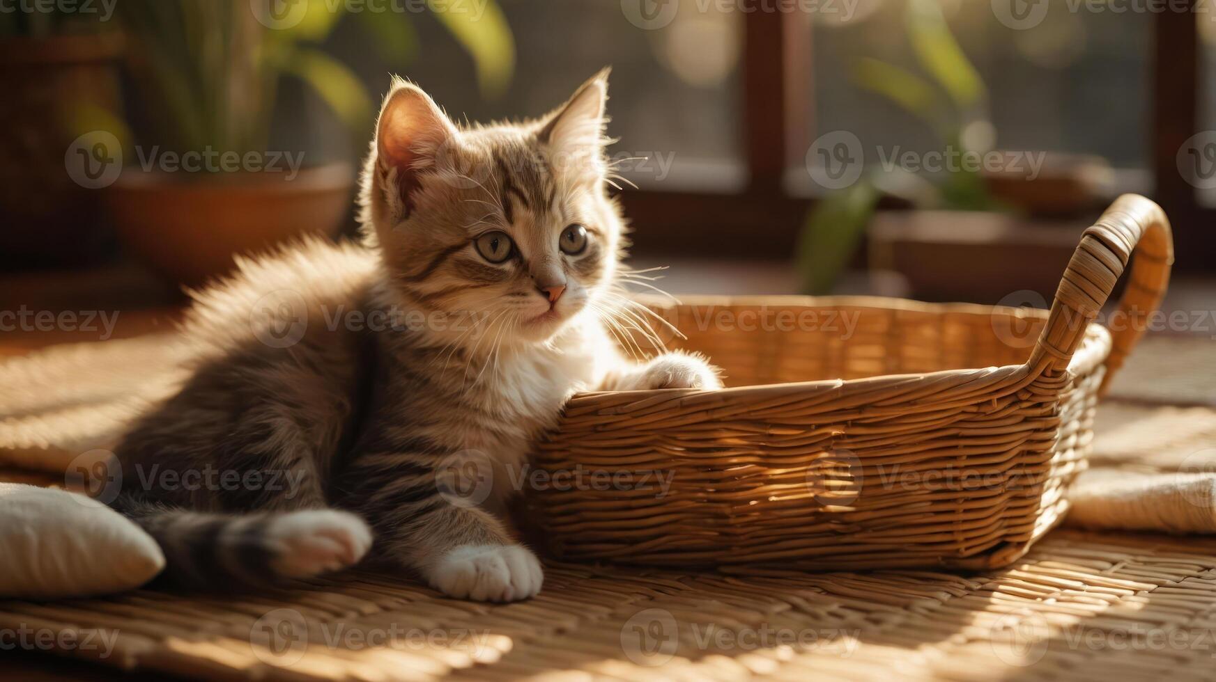 A playful kitten resting beside a woven basket in warm sunlight. photo