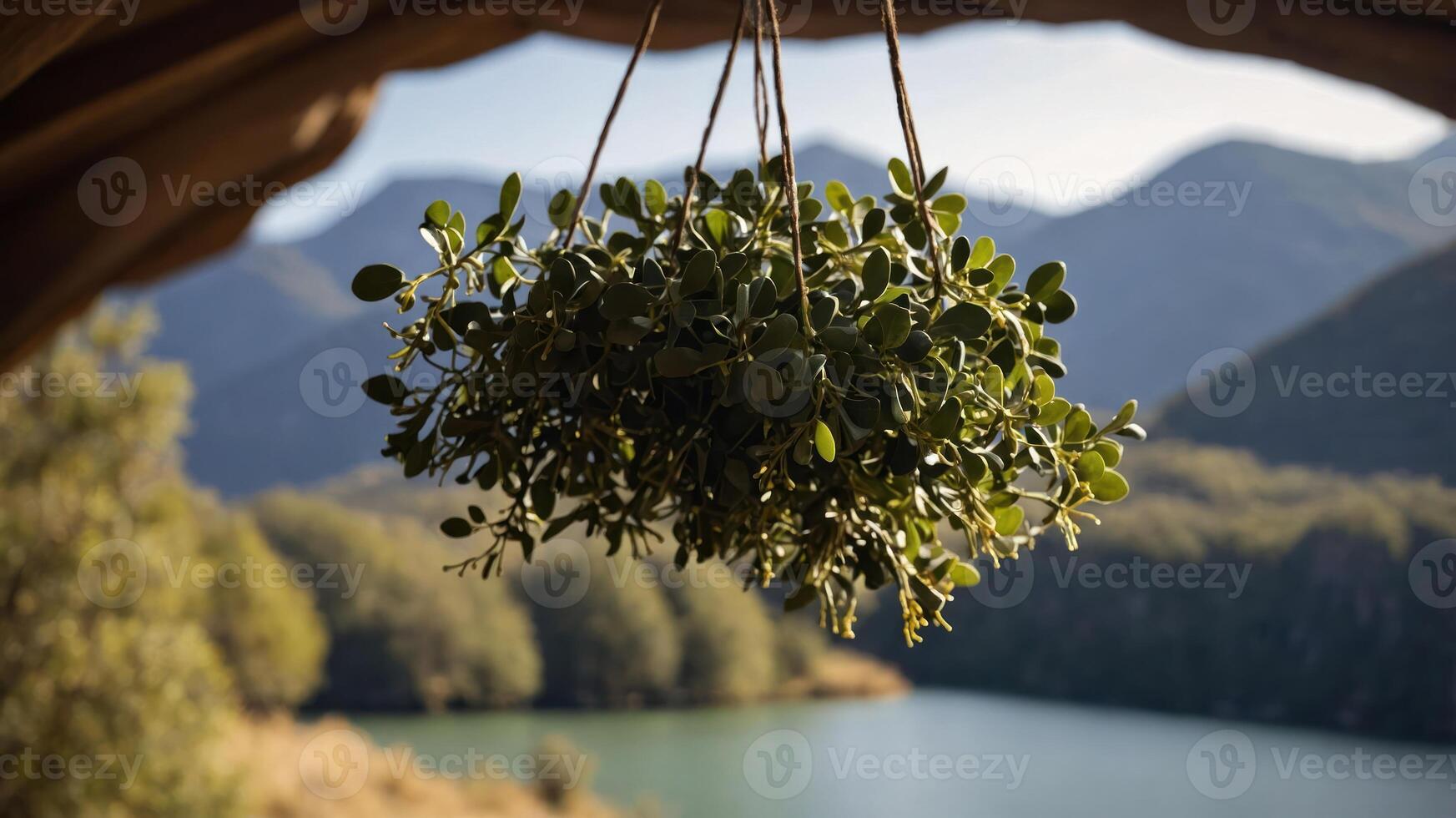 A hanging plant in focus with a scenic lake and mountains in the background. photo