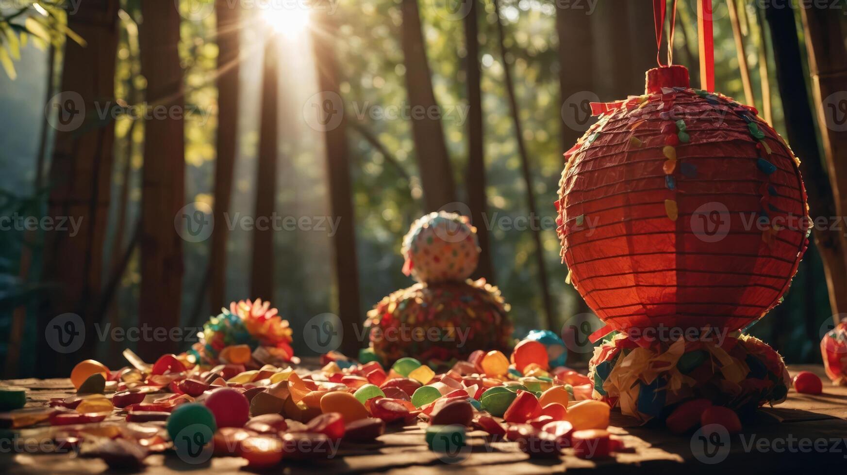 Colorful pinatas and candies scattered in a sunlit bamboo forest, celebrating a festive occasion. photo