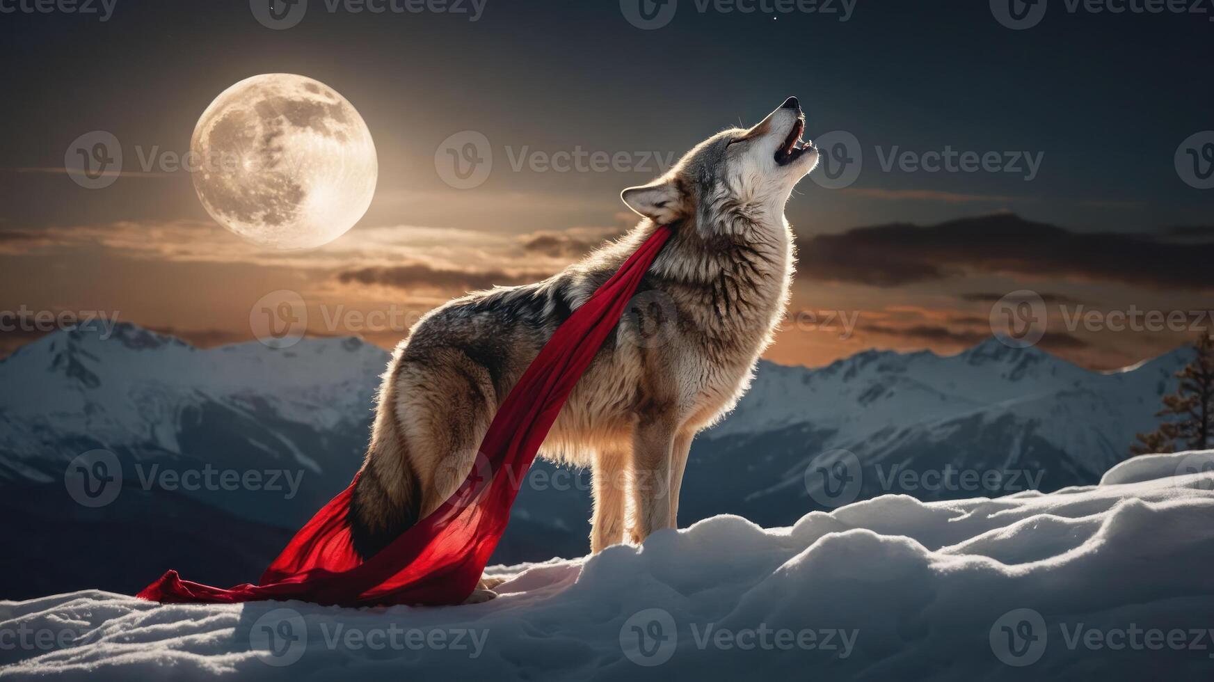 A wolf howls under a full moon, draped in a flowing red fabric amidst snowy mountains. photo