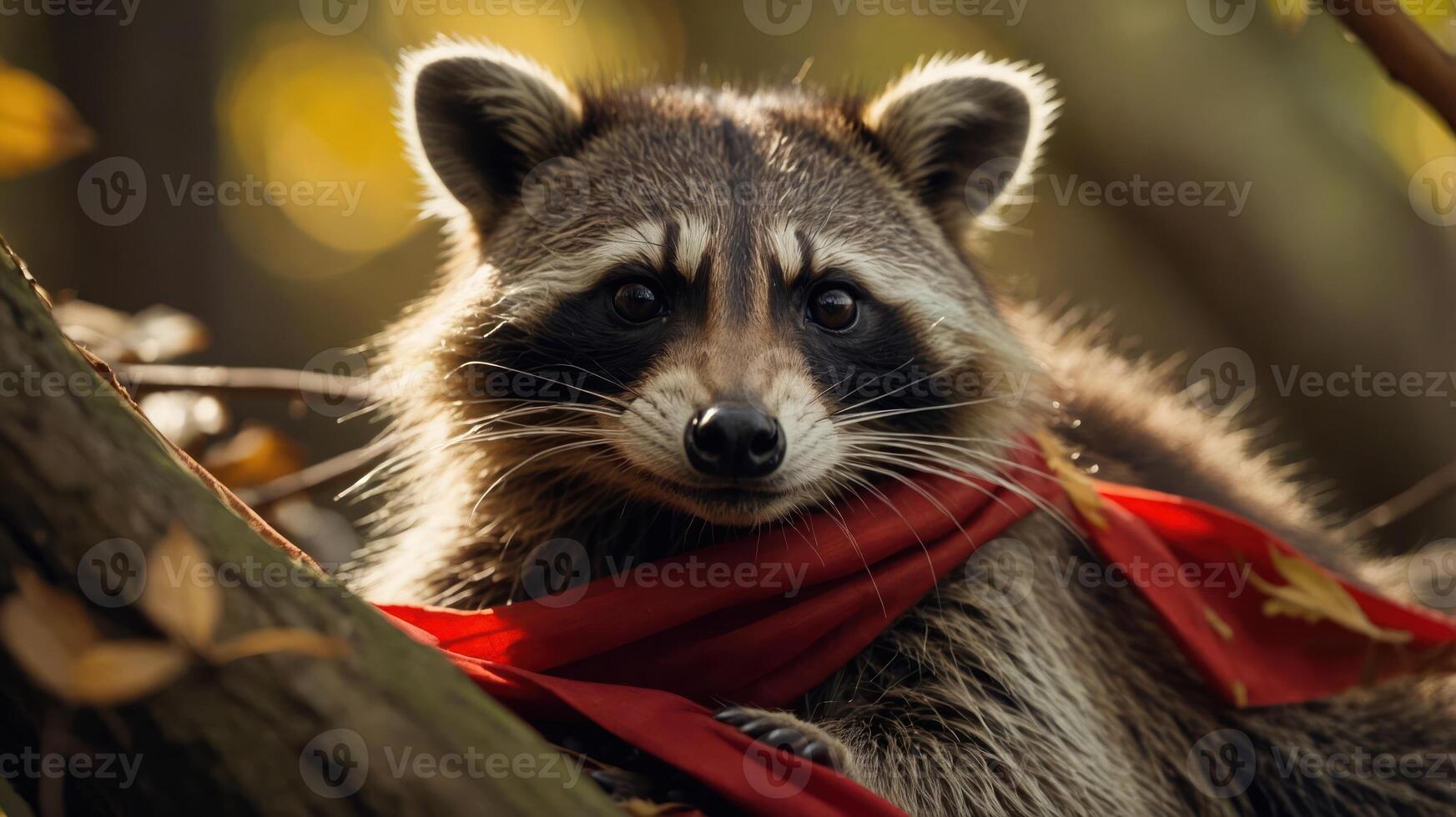 A raccoon wearing a red scarf perched on a branch in a forest setting. photo