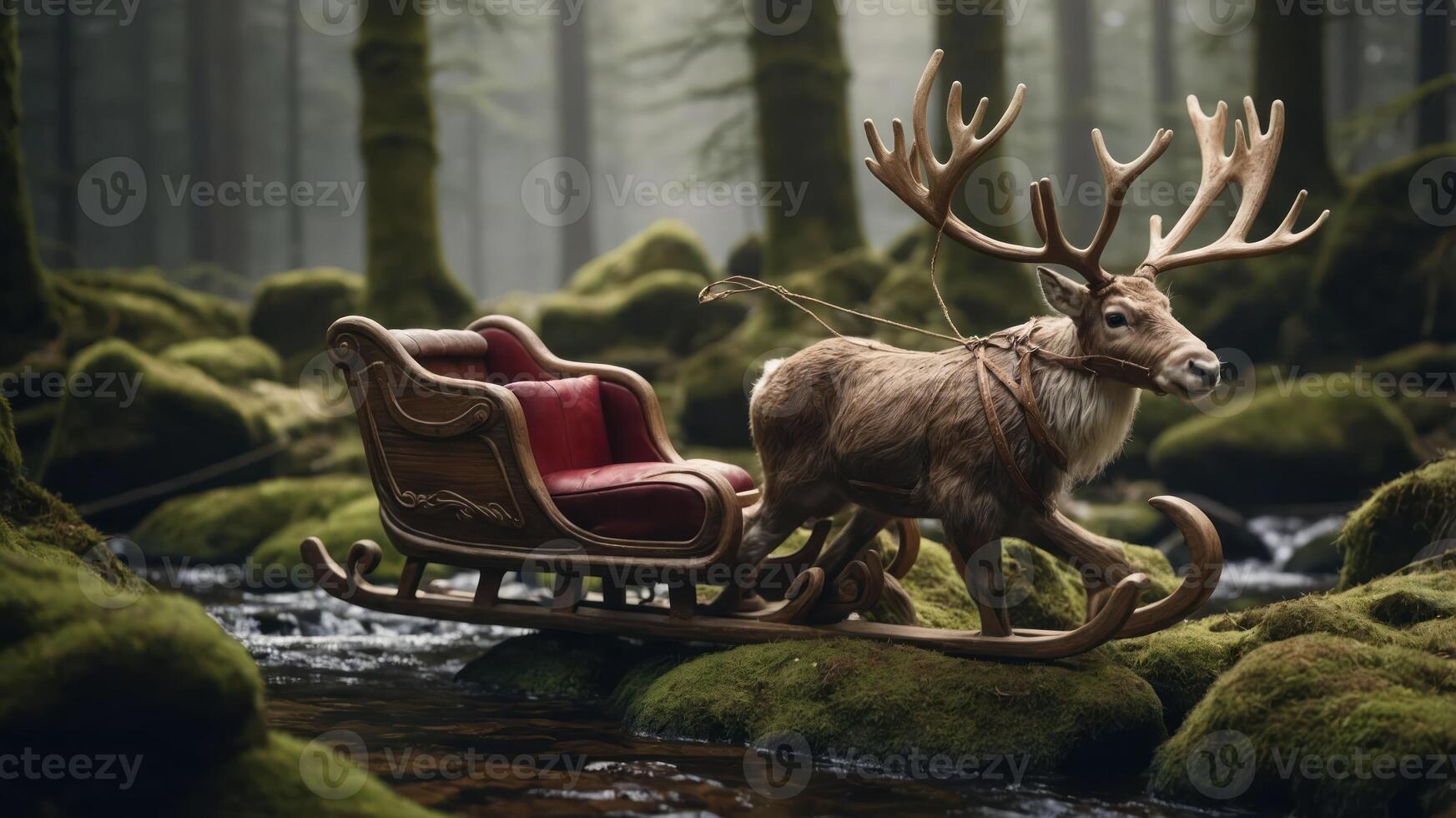 A reindeer pulls a vintage sleigh through a misty forest, creating a whimsical holiday scene. photo