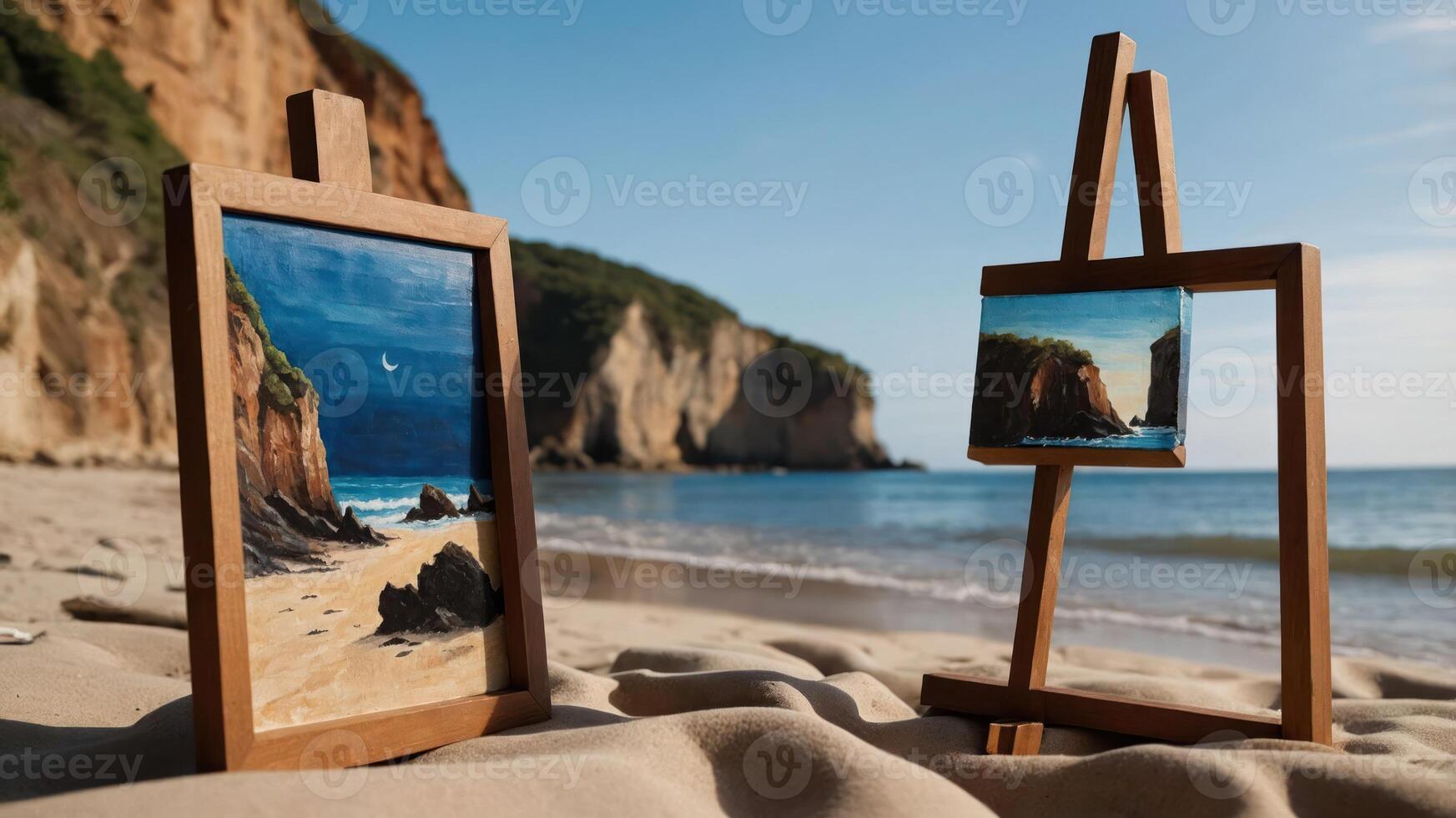 Two wooden easels on a beach, displaying paintings of a coastal landscape. photo