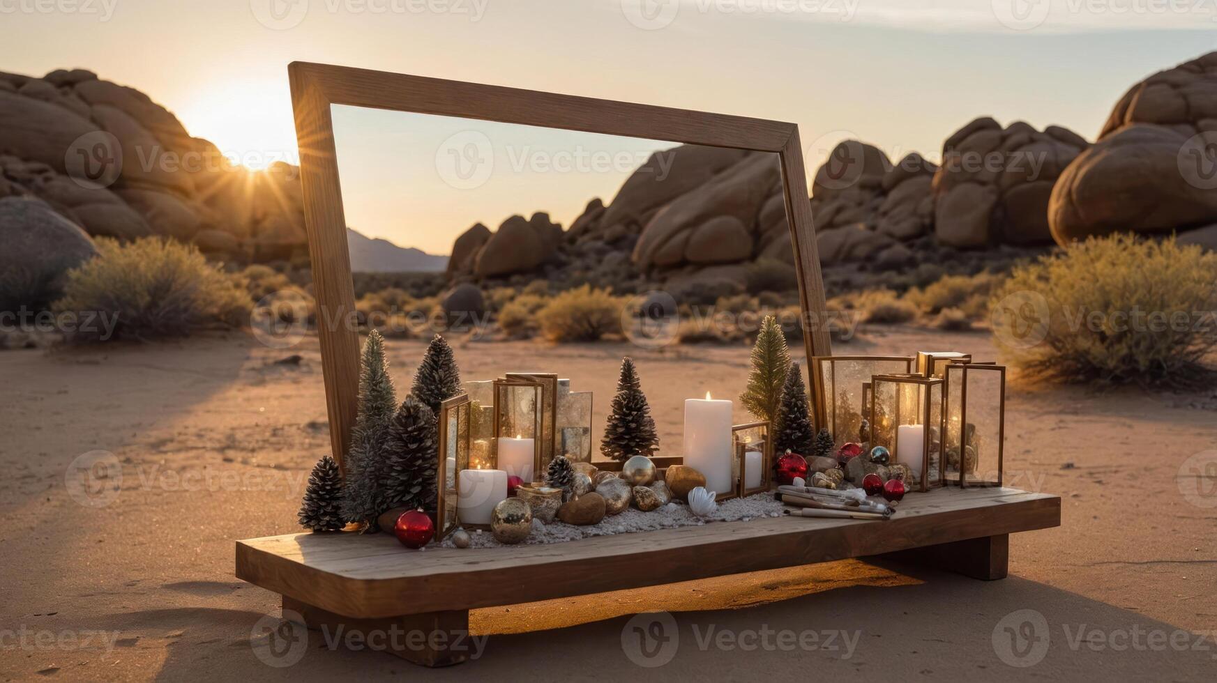 A festive display of candles and decorations in a desert landscape during sunset. photo