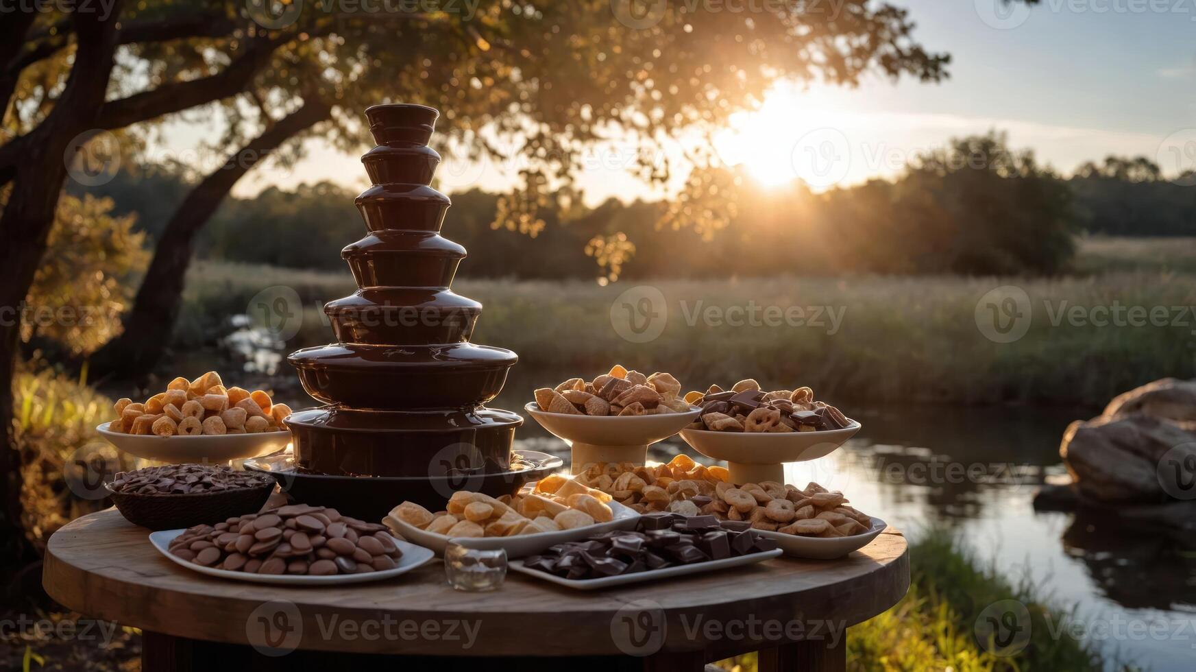 A scenic outdoor setup featuring a chocolate fountain and assorted treats at sunset. photo