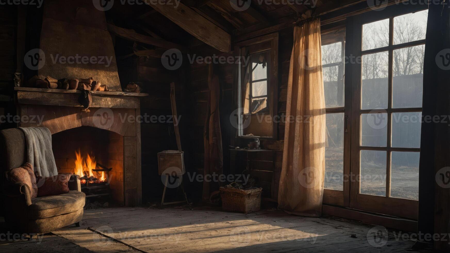 A cozy interior with a fireplace, soft lighting, and a chair, evoking warmth and comfort. photo