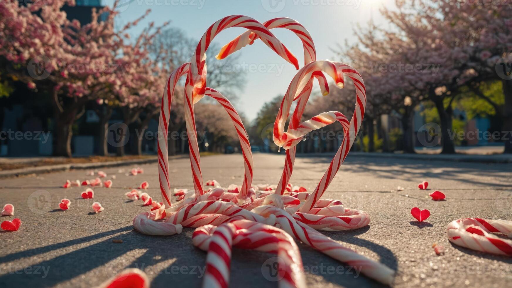 A whimsical scene with candy canes scattered on a street surrounded by cherry blossom trees. photo