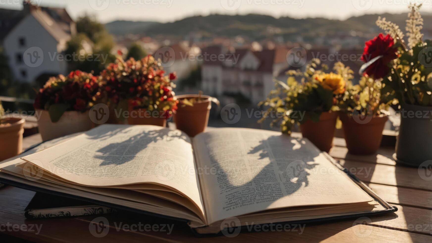 An open book rests on a table surrounded by potted flowers and a scenic view. photo