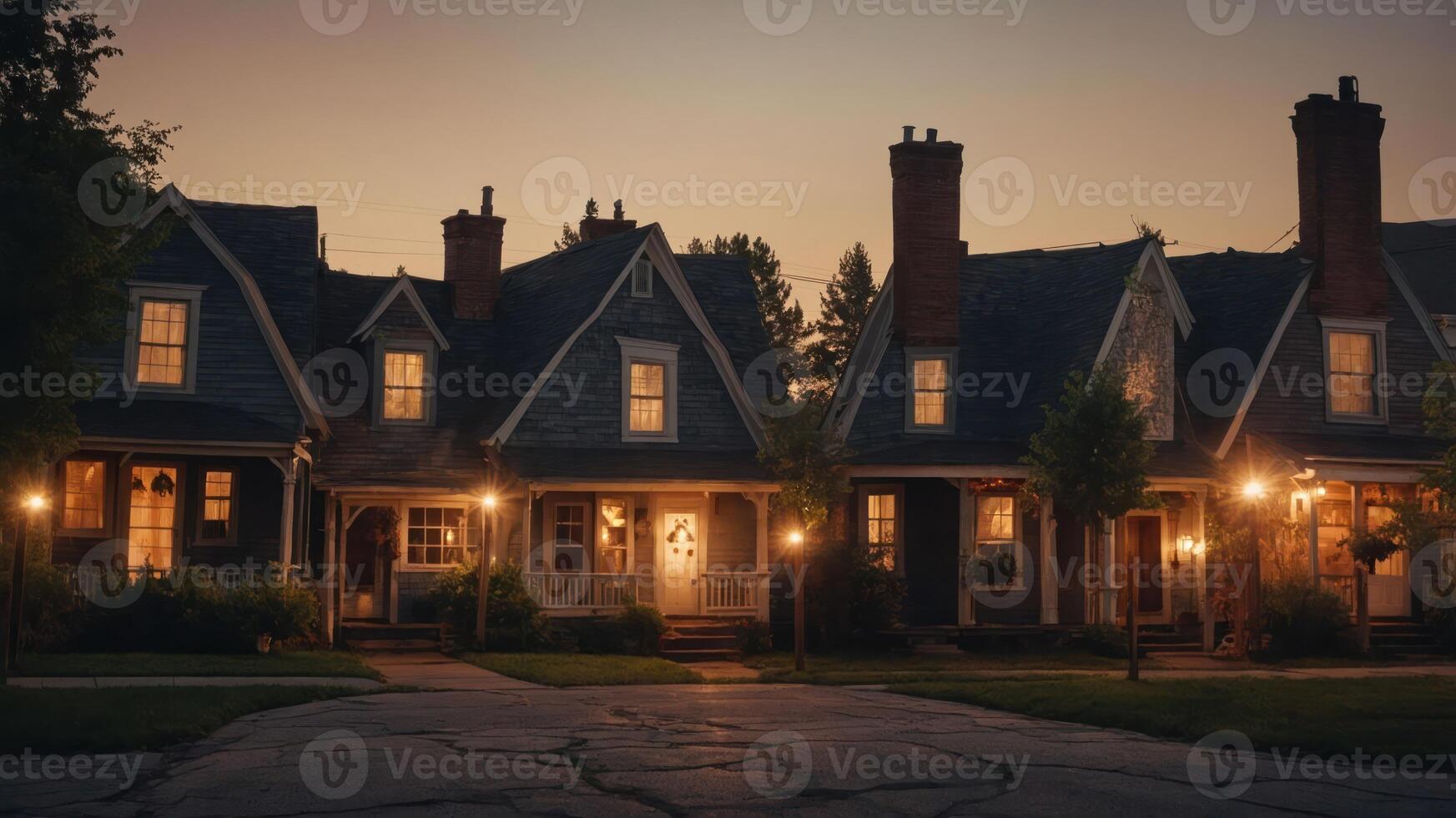 A serene evening view of charming houses with warm lights and a peaceful atmosphere. photo