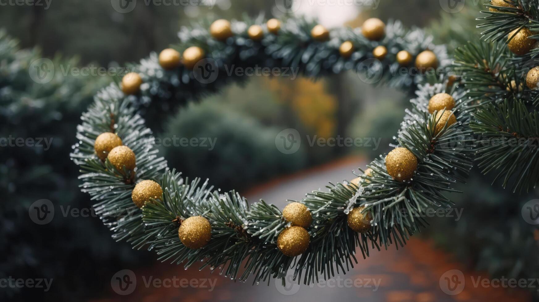 A festive wreath adorned with golden ornaments, set against a blurred natural backdrop. photo