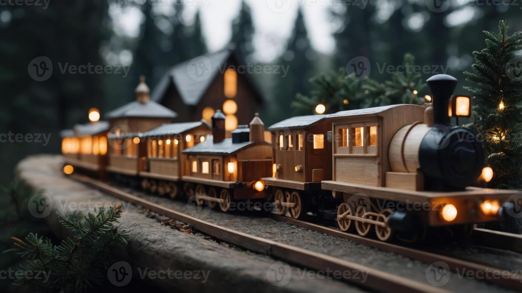 A wooden toy train illuminated, set in a forest with a cozy cabin backdrop. photo