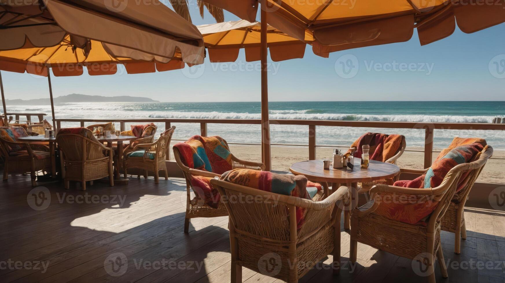 A seaside dining area with cozy seating and umbrellas overlooking the ocean waves. photo