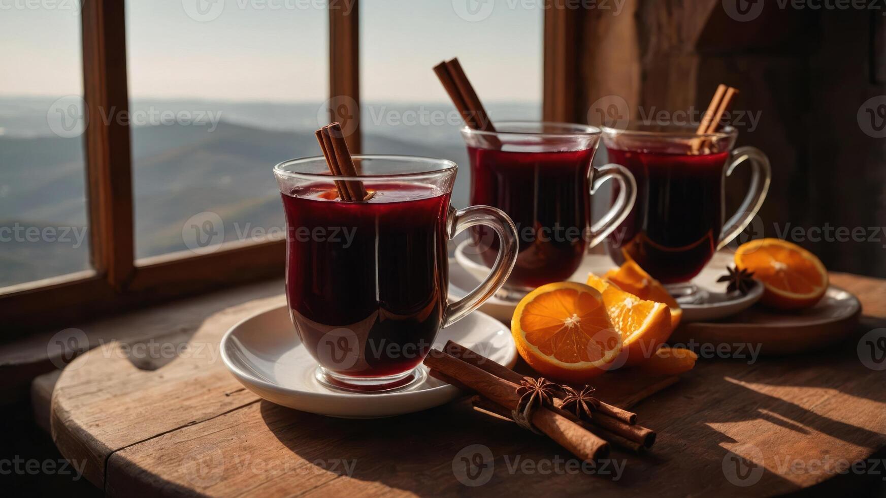 Three mugs of spiced beverage with cinnamon and orange slices, set against a scenic backdrop. photo