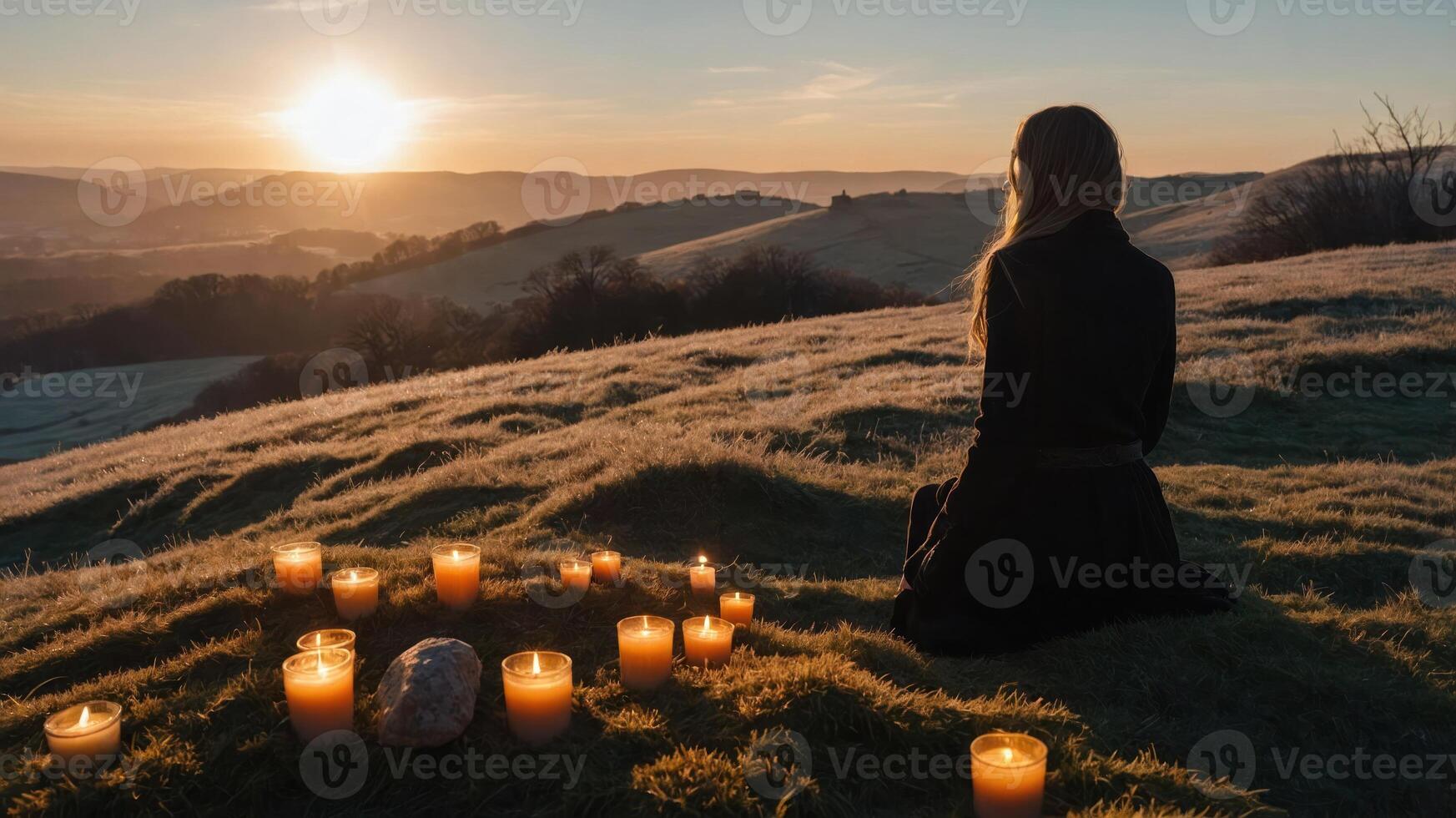 A serene figure sits in nature, surrounded by candles at sunset, evoking tranquility and reflection. photo