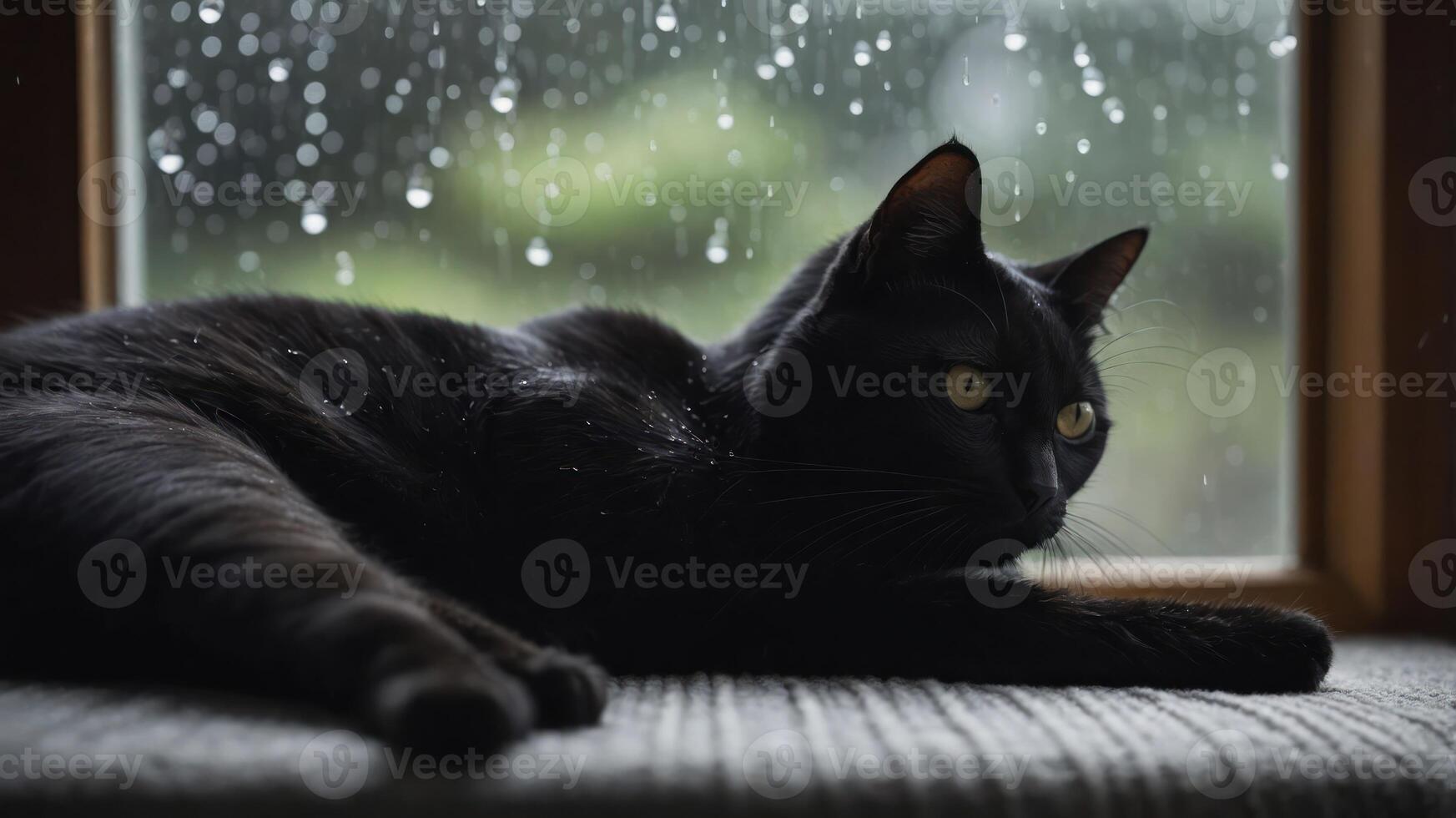 A black cat rests on a windowsill, gazing out at raindrops on the glass. photo