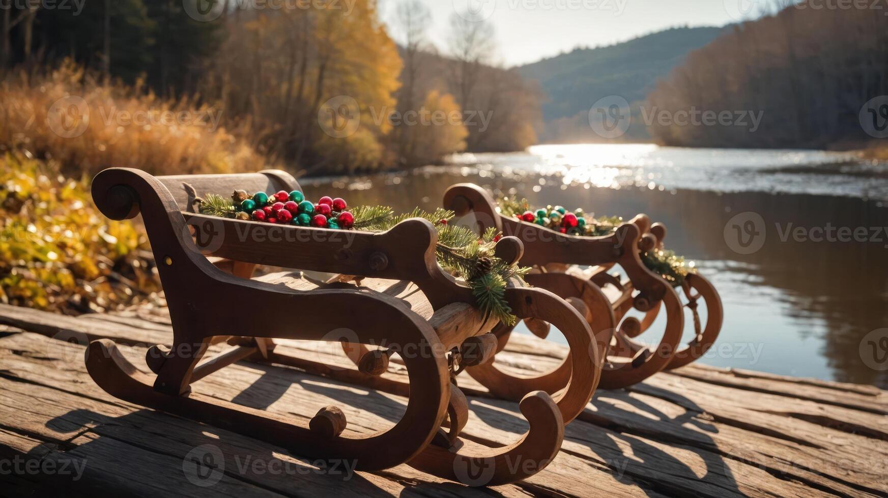 Two wooden sleds decorated with greenery and ornaments by a serene river in autumn. photo