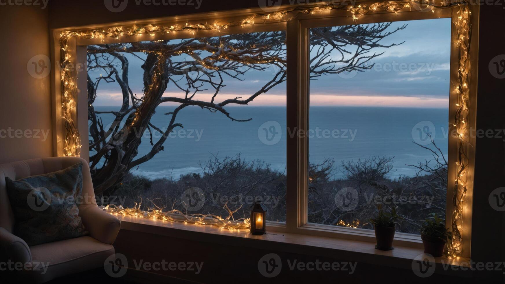 Cozy window view overlooking the ocean, adorned with fairy lights and plants. photo