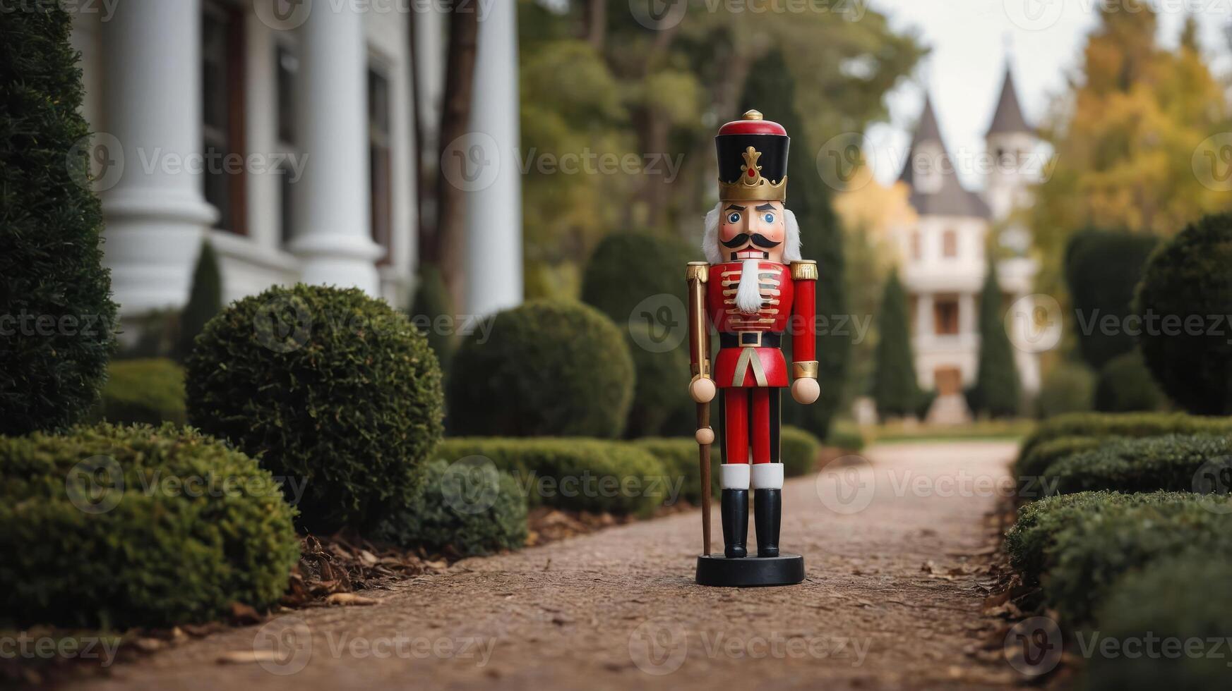 A nutcracker figurine stands on a garden path, surrounded by neatly trimmed hedges and a mansion. photo