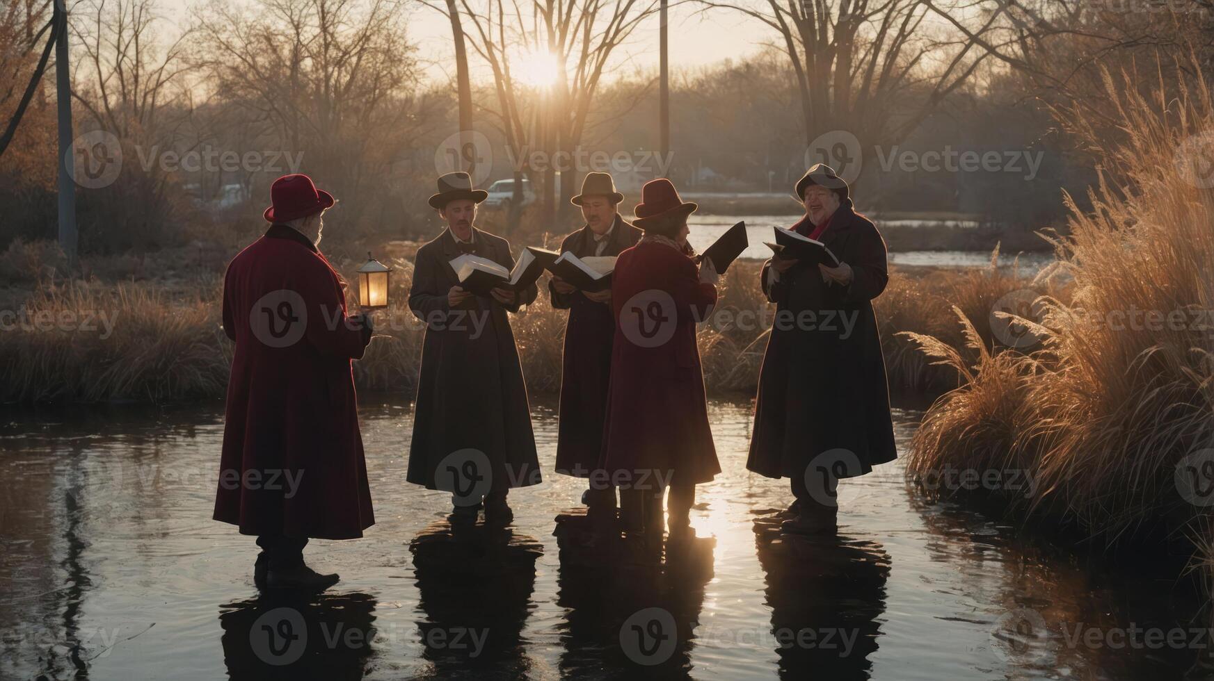 A group of individuals singing together in a serene outdoor setting at sunset. photo