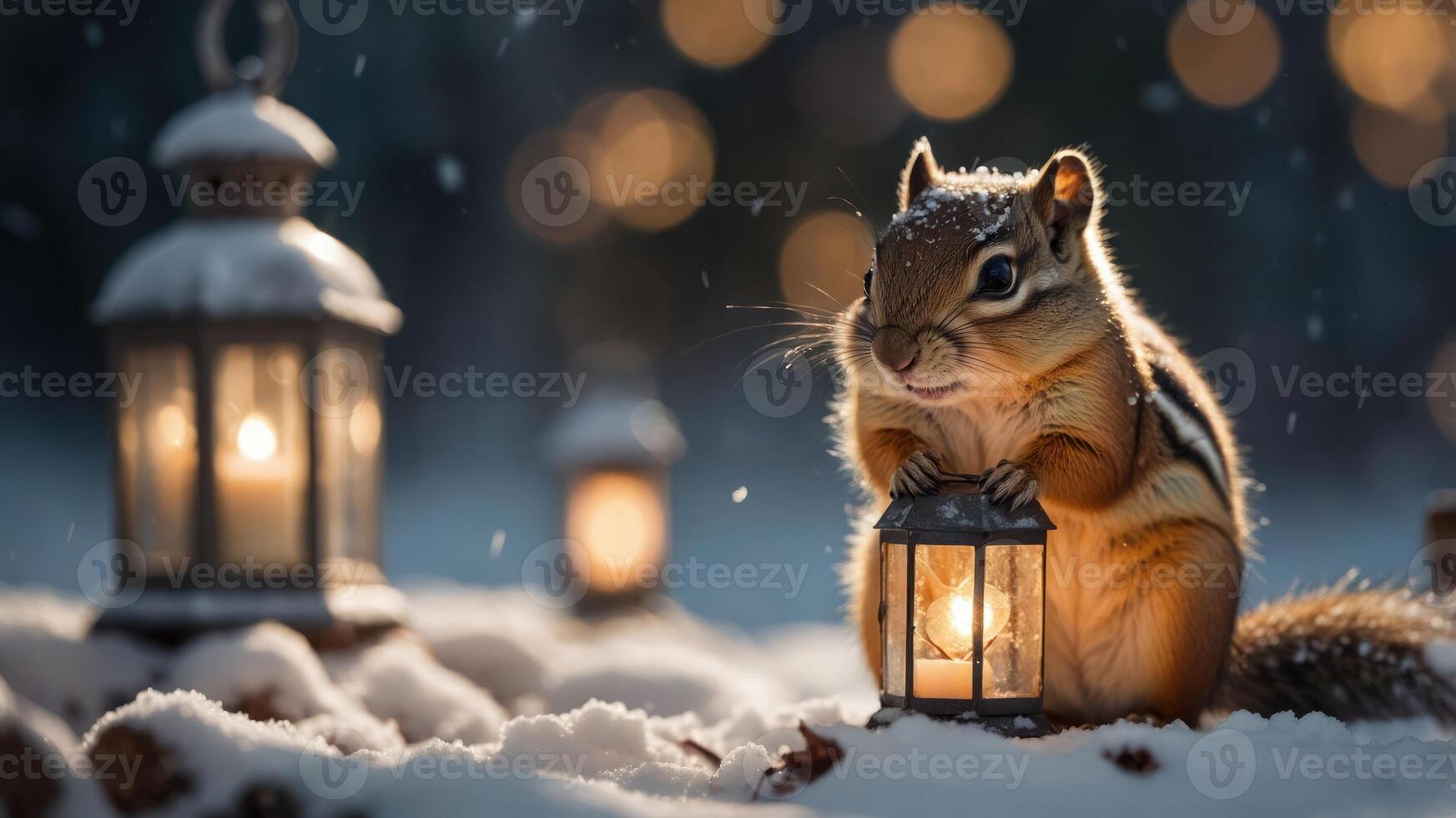 A charming chipmunk holds a lantern in a snowy setting, creating a cozy winter atmosphere. photo
