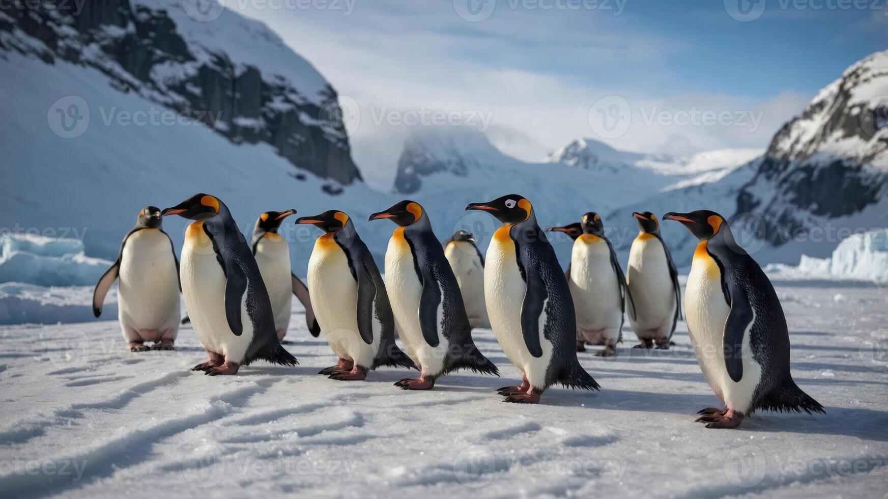 A group of penguins standing on snow with mountains in the background. photo