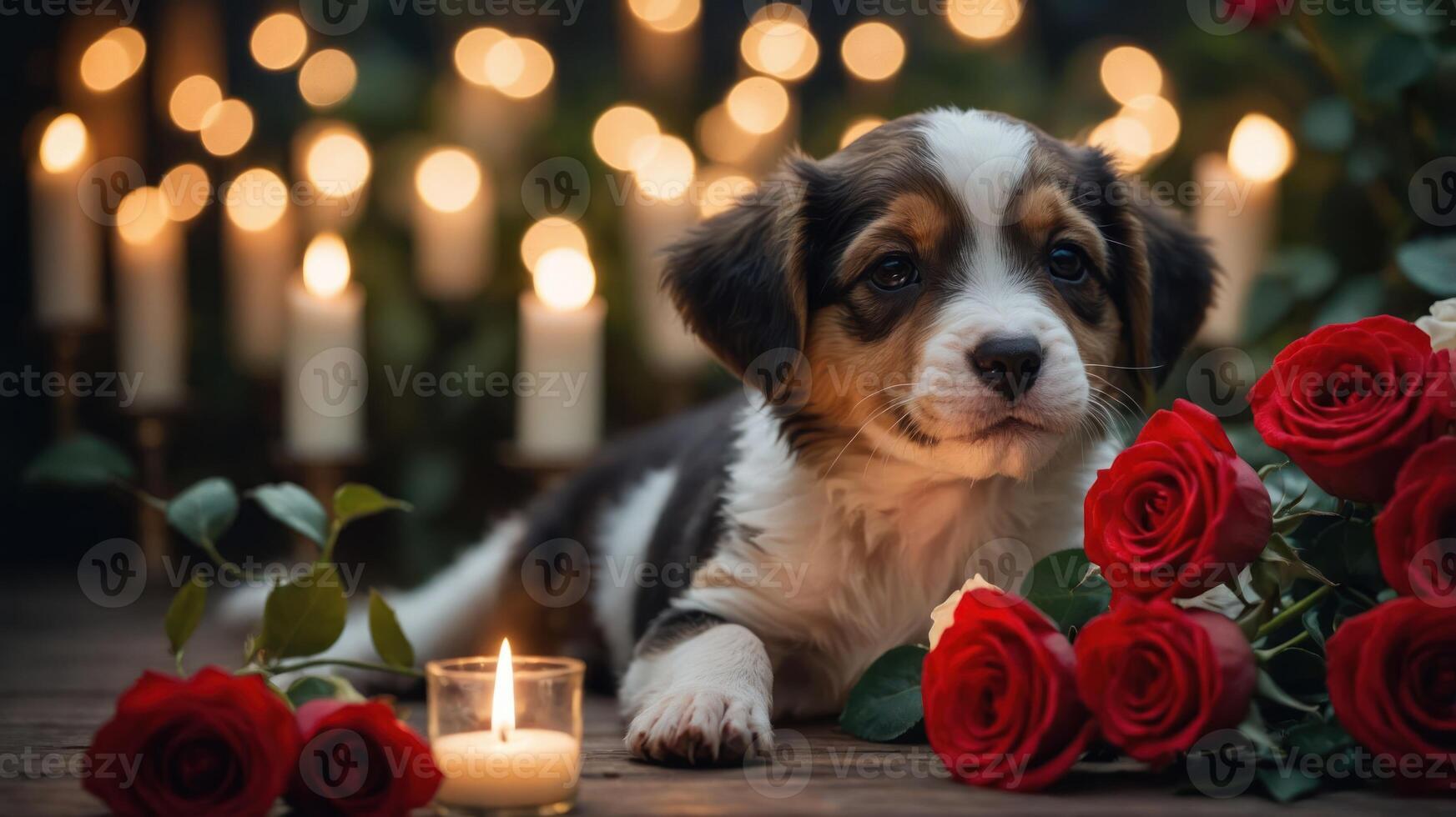 A puppy rests among roses and candles, creating a serene, romantic atmosphere. photo