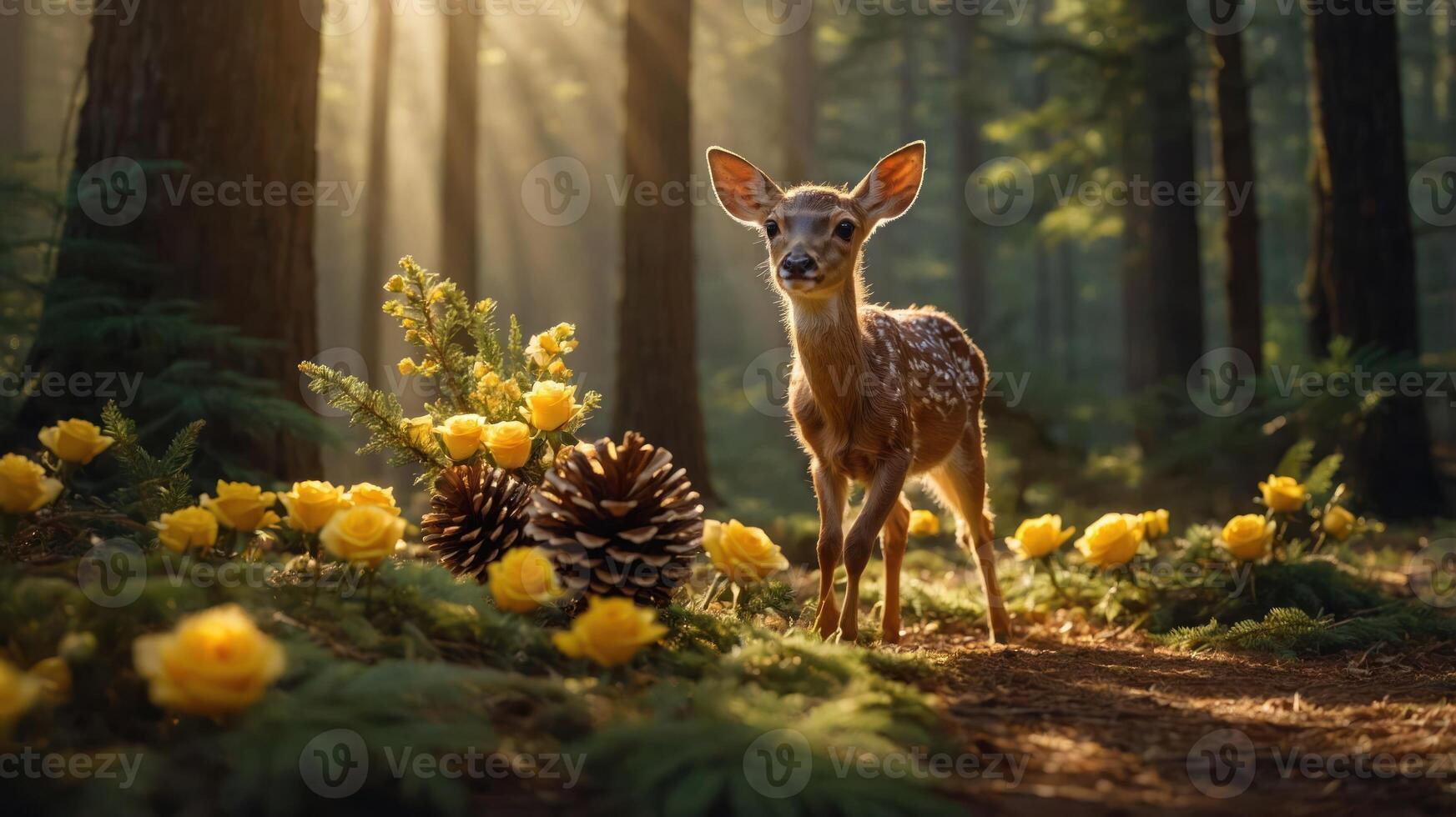 A serene forest scene featuring a fawn among yellow flowers and pinecones, illuminated by sunlight. photo