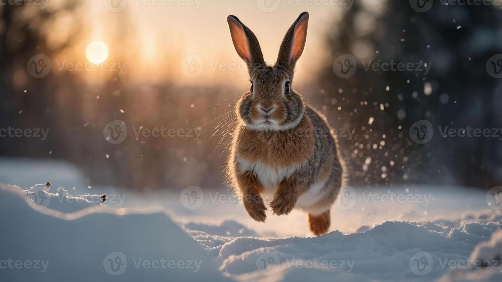 A rabbit running through snow with a sunset in the background. photo