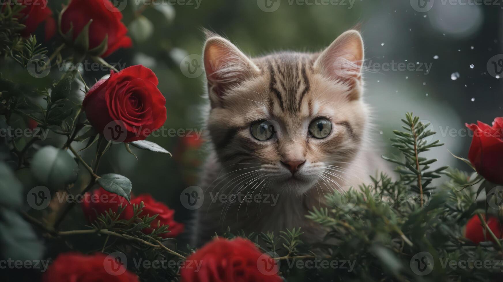 A cute kitten surrounded by vibrant red roses in a soft, rainy atmosphere. photo