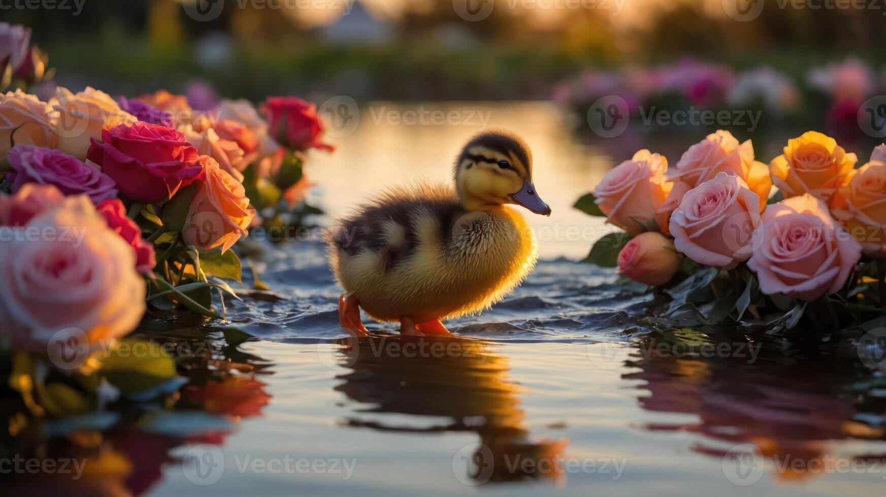 A duckling wades through water surrounded by roses at sunset, creating a serene atmosphere. photo