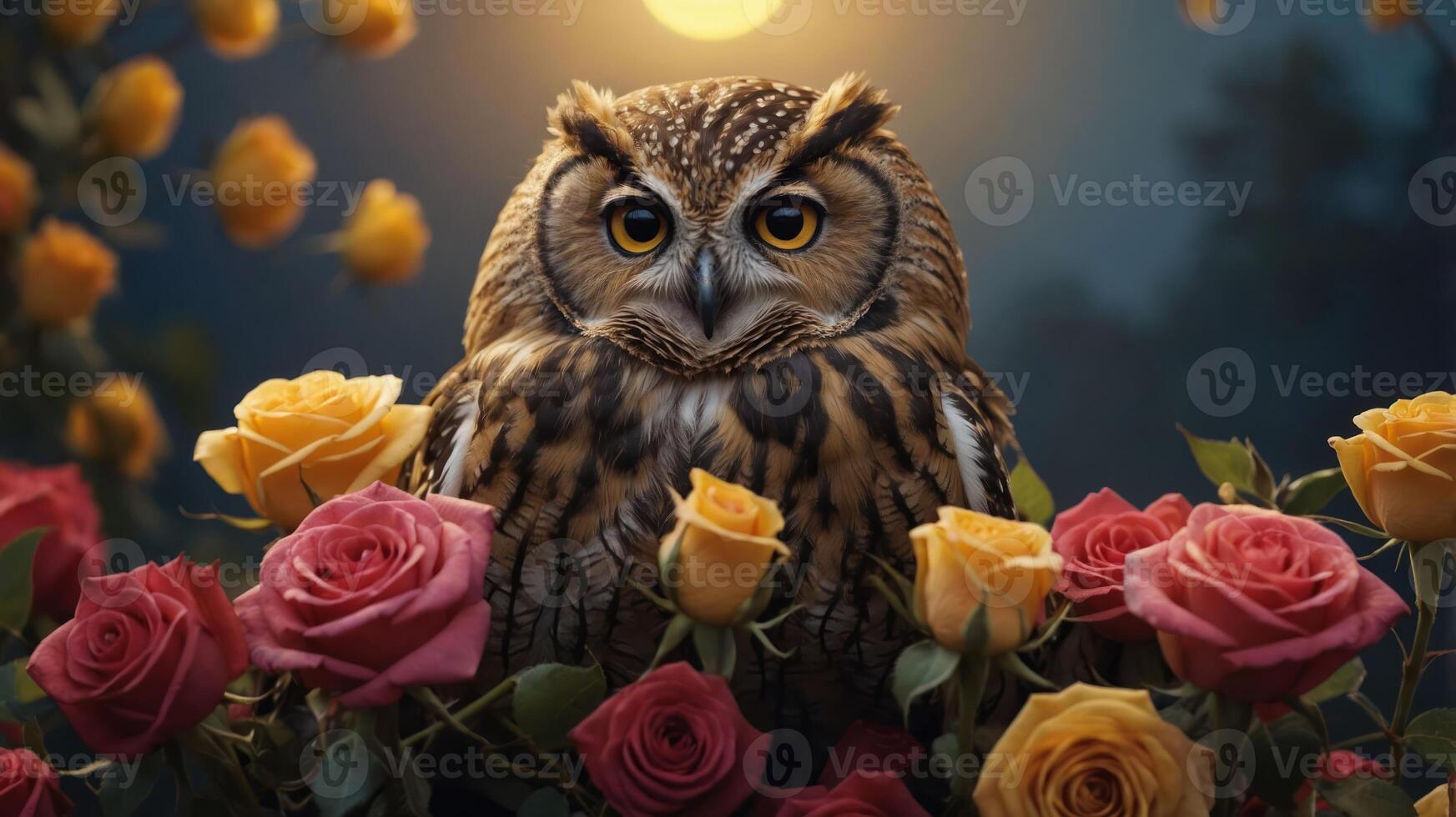 A majestic owl surrounded by colorful roses under a glowing moonlight. photo