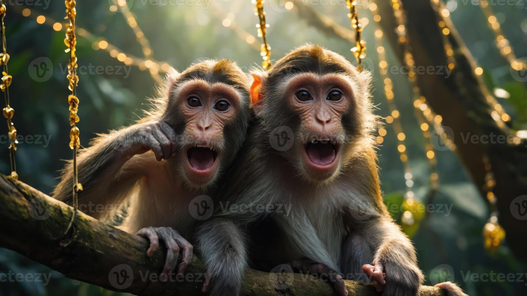 Two playful monkeys sitting on a branch in a lush, sunlit jungle. photo