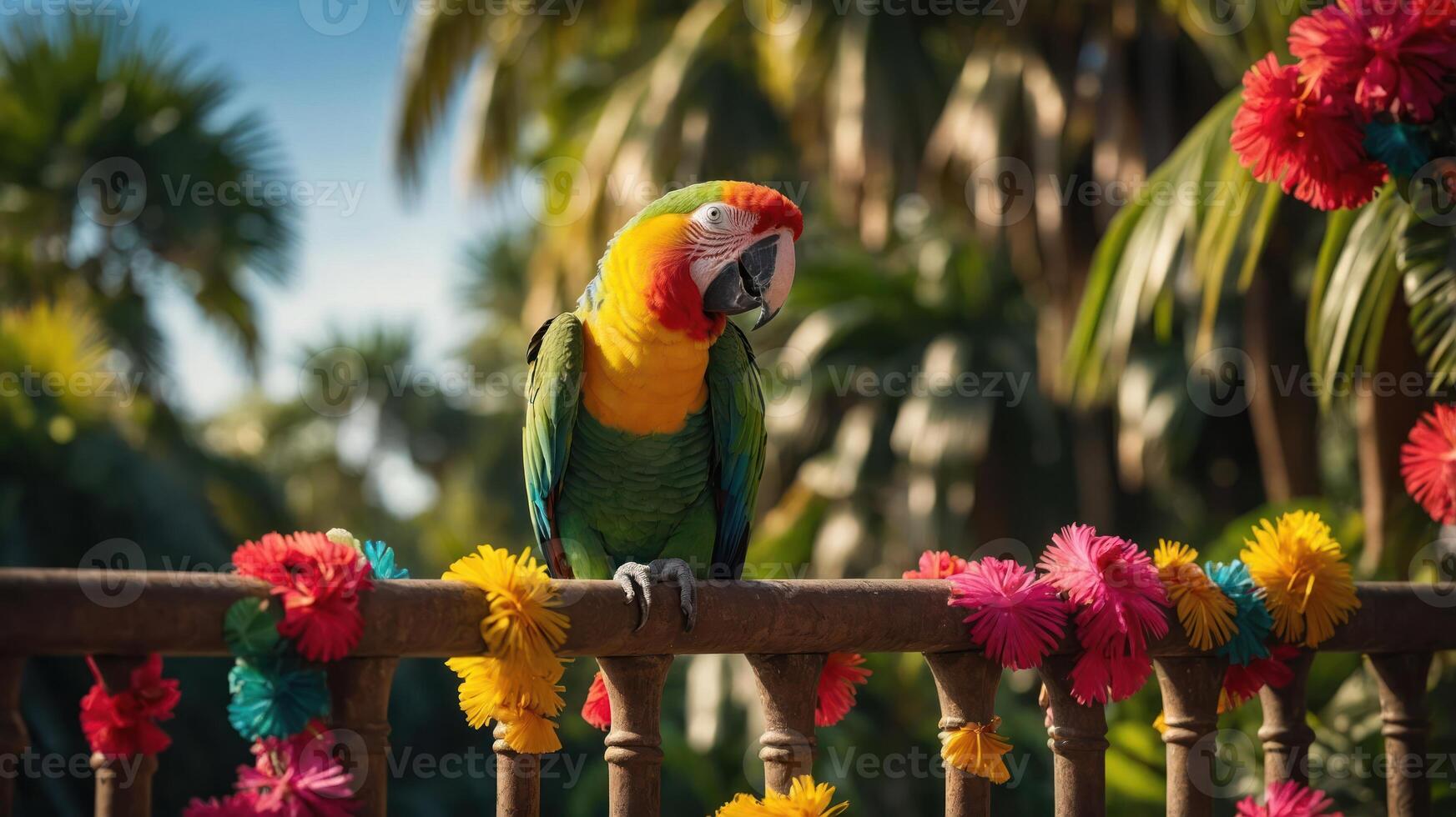 A colorful parrot perched on a railing adorned with vibrant flowers in a tropical setting. photo