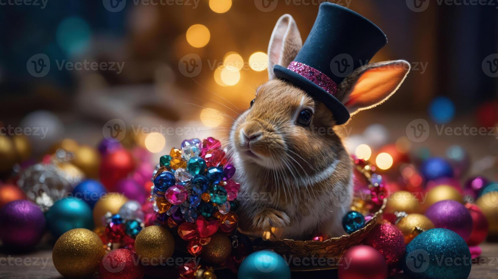 A festive rabbit wearing a top hat surrounded by colorful ornaments and decorations. photo