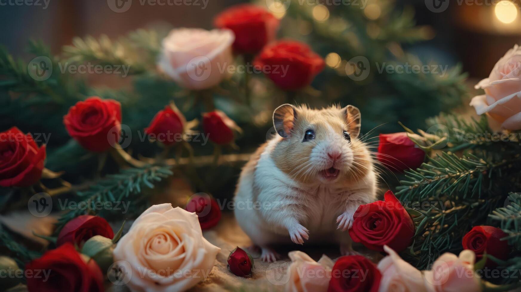 A cute hamster surrounded by colorful roses and greenery, creating a charming scene. photo