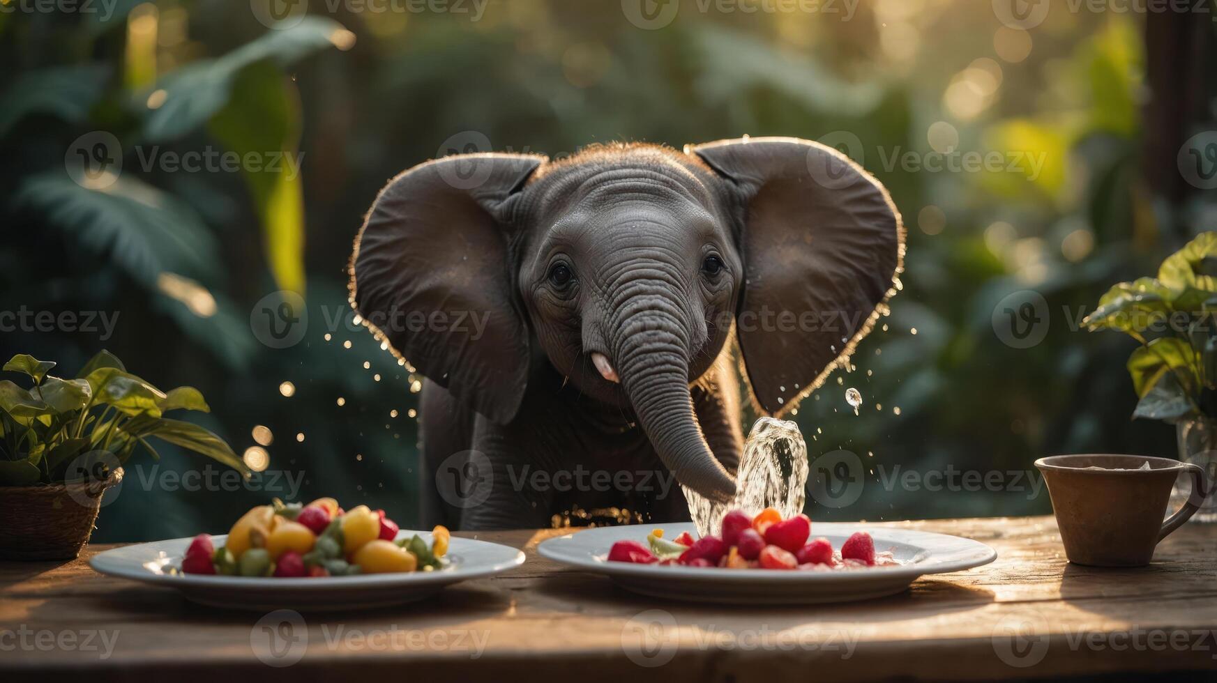 A playful elephant splashes water near plates of colorful fruits in a lush setting. photo